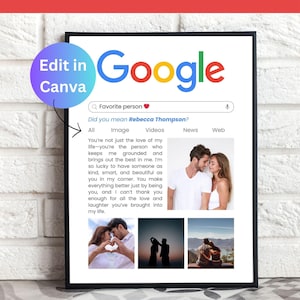 Moldura de foto do Google, presente de dia dos namorados para ela, presente de aniversário, cartão personalizado para impressão com colagem de fotos, pesquisa editável e personalizada