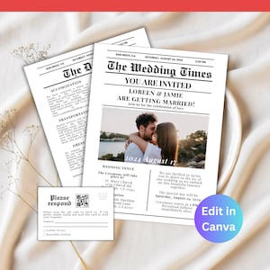 Bearbeitbare Hochzeitseinladung, druckbare Canva Hochzeitsprogramm-Vorlage, Hochzeitstag Zeitung, Einzigartige Einladung, Digitale Antwortkarte