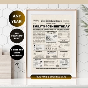 Cartel del periódico de cumpleaños imprimible, regalo personalizado para hombres o mujeres, decoraciones de fiesta de cumpleaños, regalo de cumpleaños personalizable, impresión, bricolaje