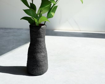 Final Sale! Small Fluted Vase in Black Concrete with Cardinal Red Interior