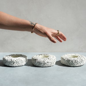 Tea Light Holder Trio in Textured Alpine White Concrete with Cream Glass Lining image 1