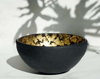 Large Black Concrete and Glass Bowl with Gold Leaf Interior