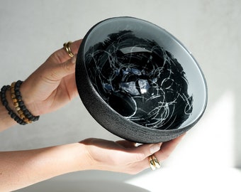 Large Black Concrete Bowl with Graffiti Scribble Grey and Black Interior