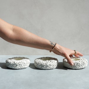 Tea Light Holder Trio in Textured Alpine White Concrete with Cream Glass Lining image 6