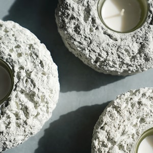 Tea Light Holder Trio in Textured Alpine White Concrete with Cream Glass Lining image 2