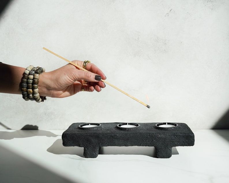 Footed Three Tealight Holder in Brushed Carbon Black Concrete image 5