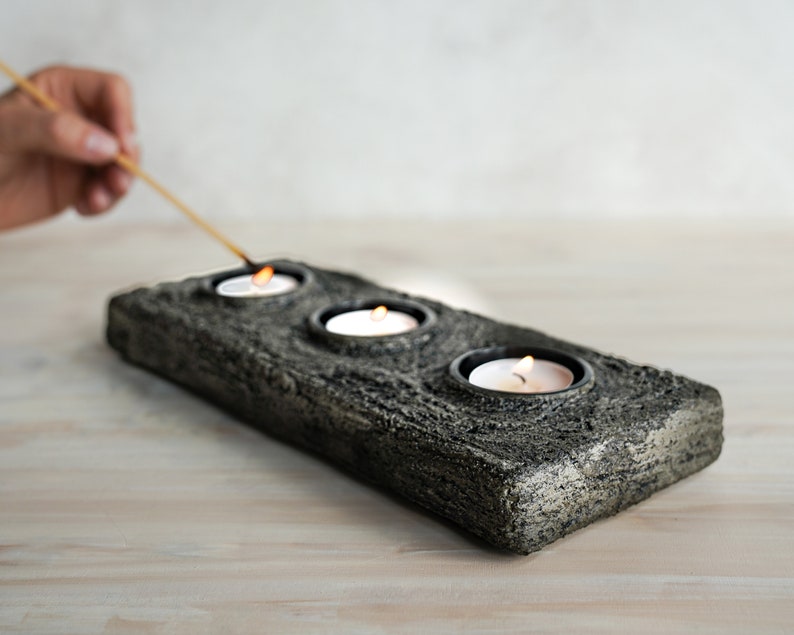 Final Sale Three Tealight Holder in Textured Vintage Grey Concrete image 5