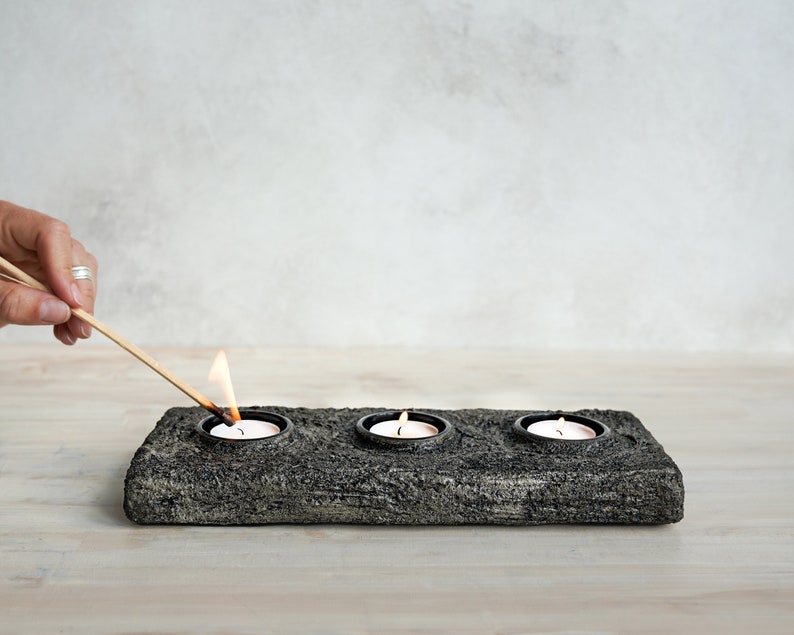 Final Sale Three Tealight Holder in Textured Vintage Grey Concrete image 1