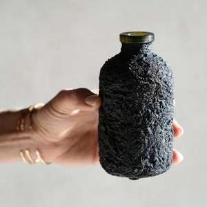 Black Concrete Bottle Vase with Olive Glass Rim image 5