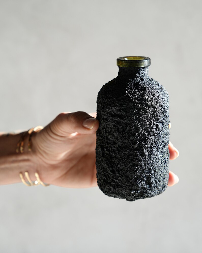 Black Concrete Bottle Vase with Olive Glass Rim image 5