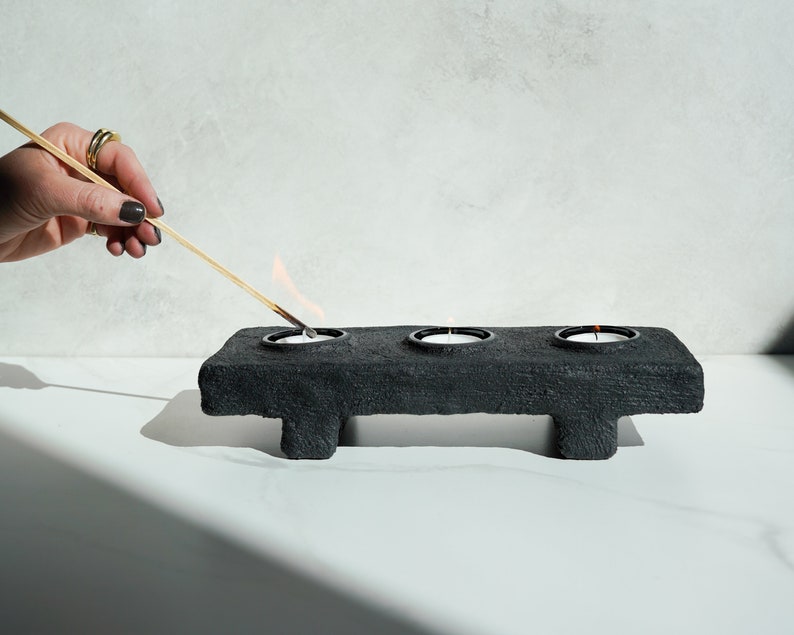 Footed Three Tealight Holder in Brushed Carbon Black Concrete image 6