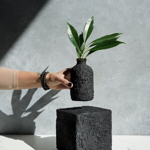 Black Concrete Bottle Vase with Olive Glass Rim image 3