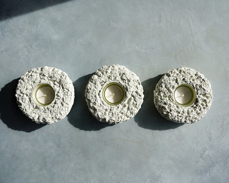 Tea Light Holder Trio in Textured Alpine White Concrete with Cream Glass Lining image 7