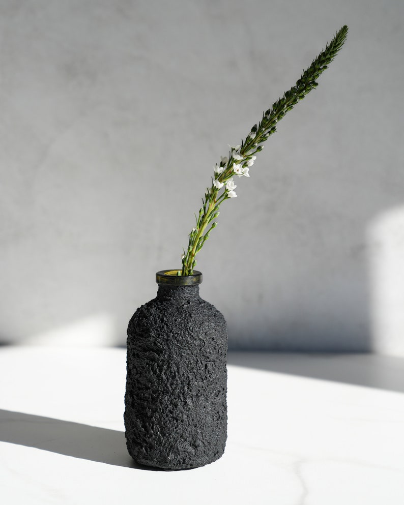 Black Concrete Bottle Vase with Olive Glass Rim image 6