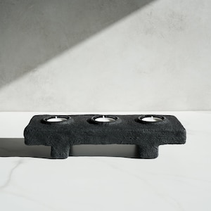 Footed Three Tealight Holder in Brushed Carbon Black Concrete