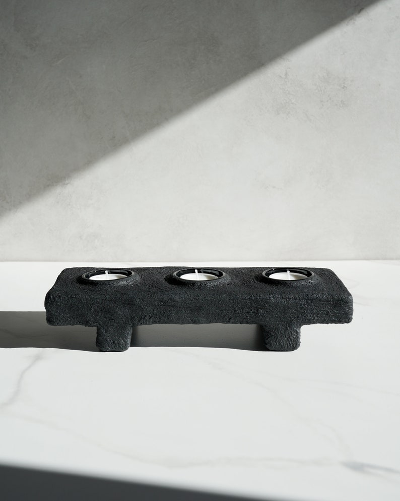 Footed Three Tealight Holder in Brushed Carbon Black Concrete image 1