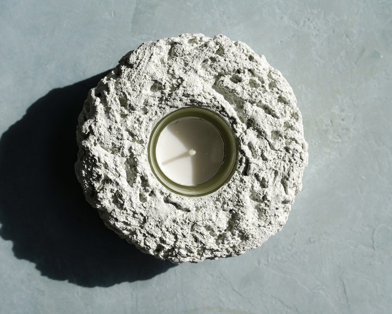 Tea Light Holder Trio in Textured Alpine White Concrete with Cream Glass Lining image 3