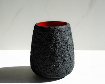 Large Pear Shaped Vase Black Concrete with Red Interior