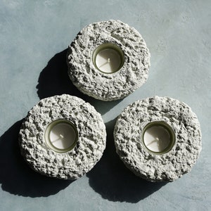 Tea Light Holder Trio in Textured Alpine White Concrete with Cream Glass Lining image 8