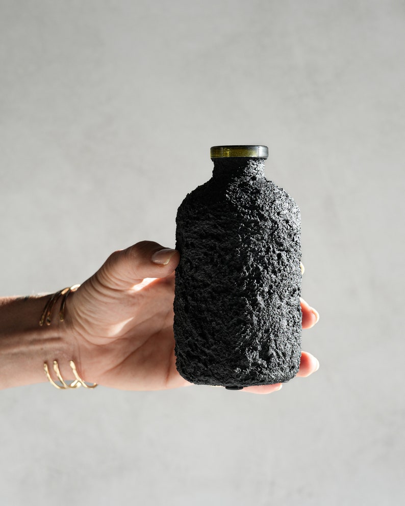 Black Concrete Bottle Vase with Olive Glass Rim image 1