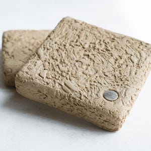 May include: Two beige, rectangular coasters with a textured surface and a small, silver metal accent. The coasters are made of a porous material and are slightly different sizes. The background is a plain white surface.