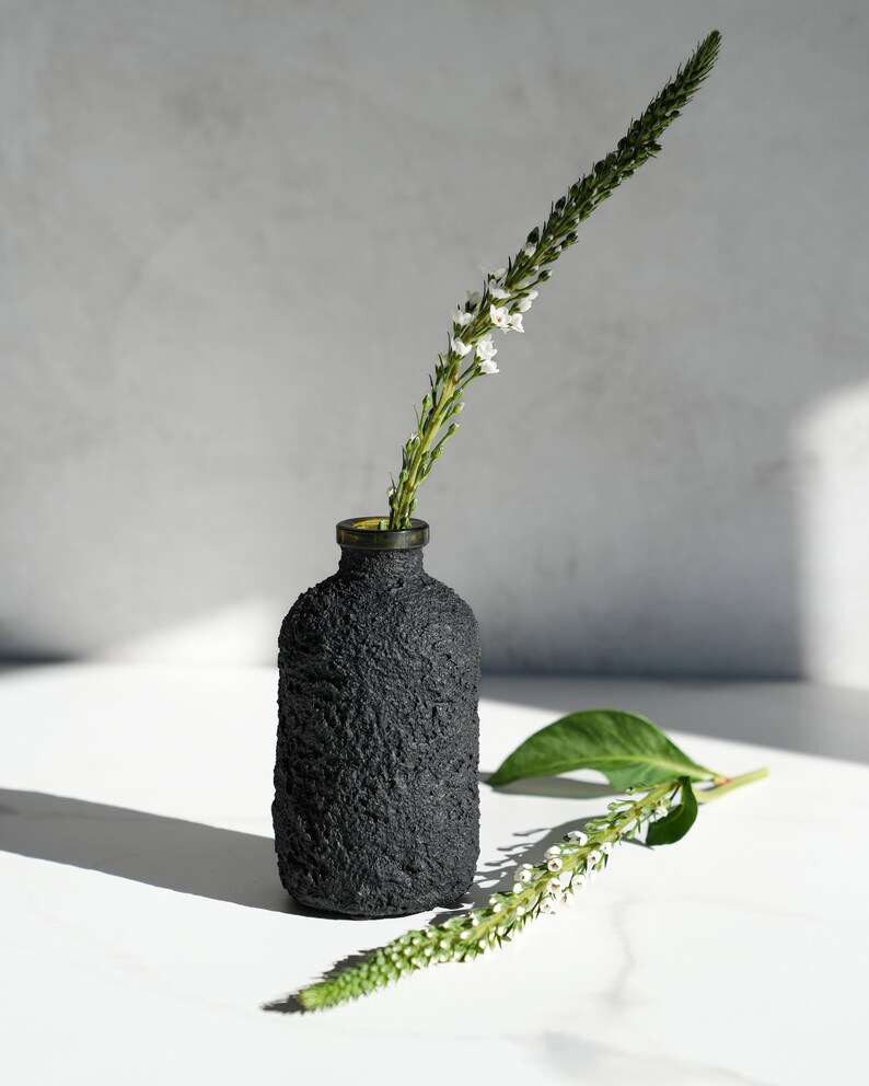 Black Concrete Bottle Vase with Olive Glass Rim image 2