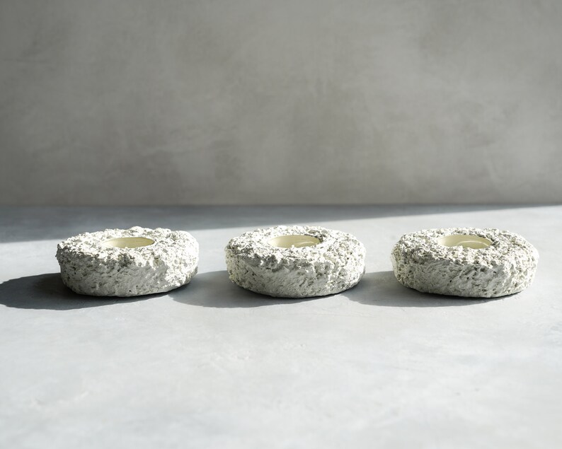 Tea Light Holder Trio in Textured Alpine White Concrete with Cream Glass Lining image 4