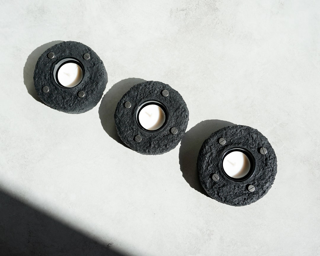 Tea Light Holder Trio in Textured Carbon Black Concrete With Pewter ...