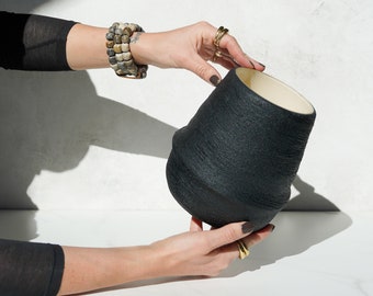 Large Pear Vase in Carbon Black Concrete with Sculptural Stripe