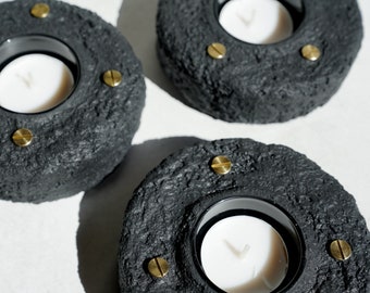 Tea Light Holder Trio in Textured Carbon Black Concrete with Brass Rivet Detailing