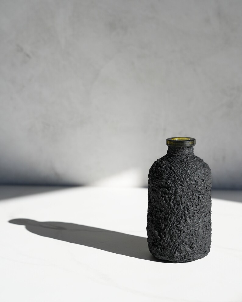 Black Concrete Bottle Vase with Olive Glass Rim image 4