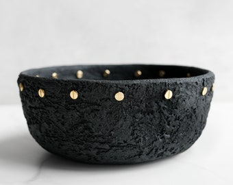 Centerpiece Bowl in Carbon Black Concrete with Brass Rivet Detailing