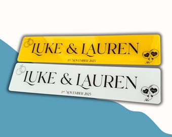 Personalised Wedding Number Plate – Decorative Car Sign in Elegant Fonts – Unique Accessory & Keepsake. Both White and Yellow.