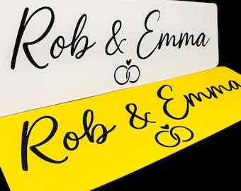 Personalised Wedding Number Plate – Decorative Car Sign in Elegant Fonts – Unique Wedding Car Accessory & Keepsake.