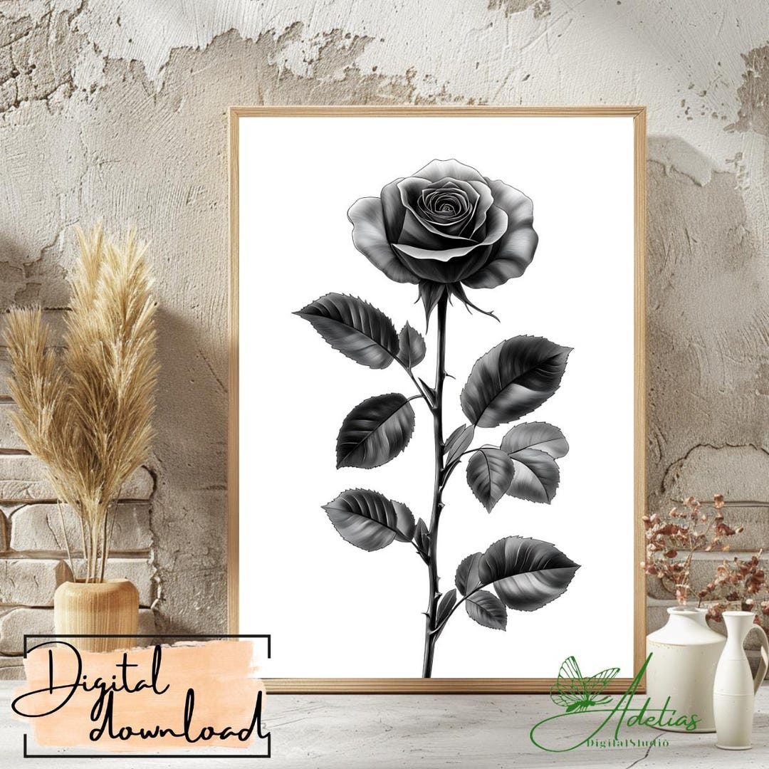 Black and White Rose Digital Wall Art Print, Minimalist Rose Art ...