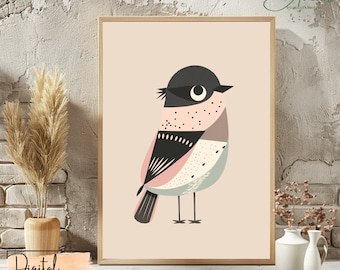Modern Geometric Bird Wall Art Print, Minimalist Bird Illustration, Scandinavian Style Animal Art, Digital Download Home Decor