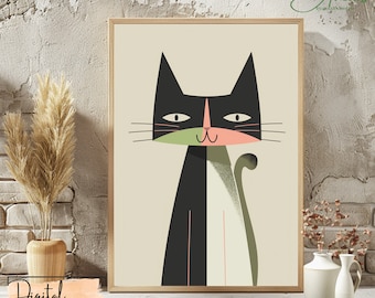 Moderne Katzenwandkunst, minimalistischer Katzendruck, schwarze Katzendekor, digitaler Download, schrulliges Katzenposter, Tierkunst, Katzenliebhabergeschenk, Wanddekoration