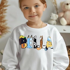 Blue Custom Name Shirt Personalized Blue characters Letter Tee Custom Name Doddle Letter Shirt Blue Dog Tee Cute Cartoon Shirt Toddler Tee