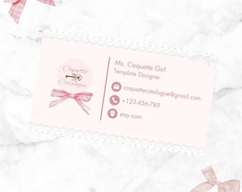 Coquette Pink Cute Lacey Ribbon Bow Editable Business Card Template