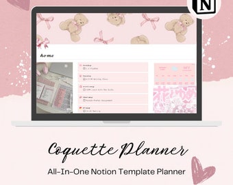 Coquette Cute Notion Template, Ultimate All-Inclusive That Girl Pink Aesthetic Kawaii Planner