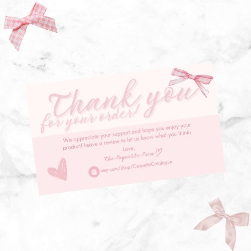 Coquette Cute Pink Ribbon Bow Heart Editable Business Thank You For Your Purchase Card and Template Print
