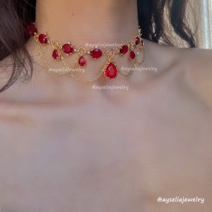 Royalcore Necklace, Bridgerton Jewelry, Red and Gold Necklace,  Elegant, Royal Delicate Choker, Regency Inspired, Princess, Romantic Jewelry