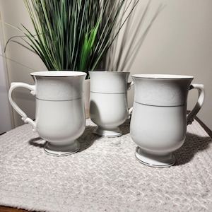 Southwicke Porcelain China White Lace with Silver Trim Mugs – Set of 3, Made in Japan, Vintage Elegance