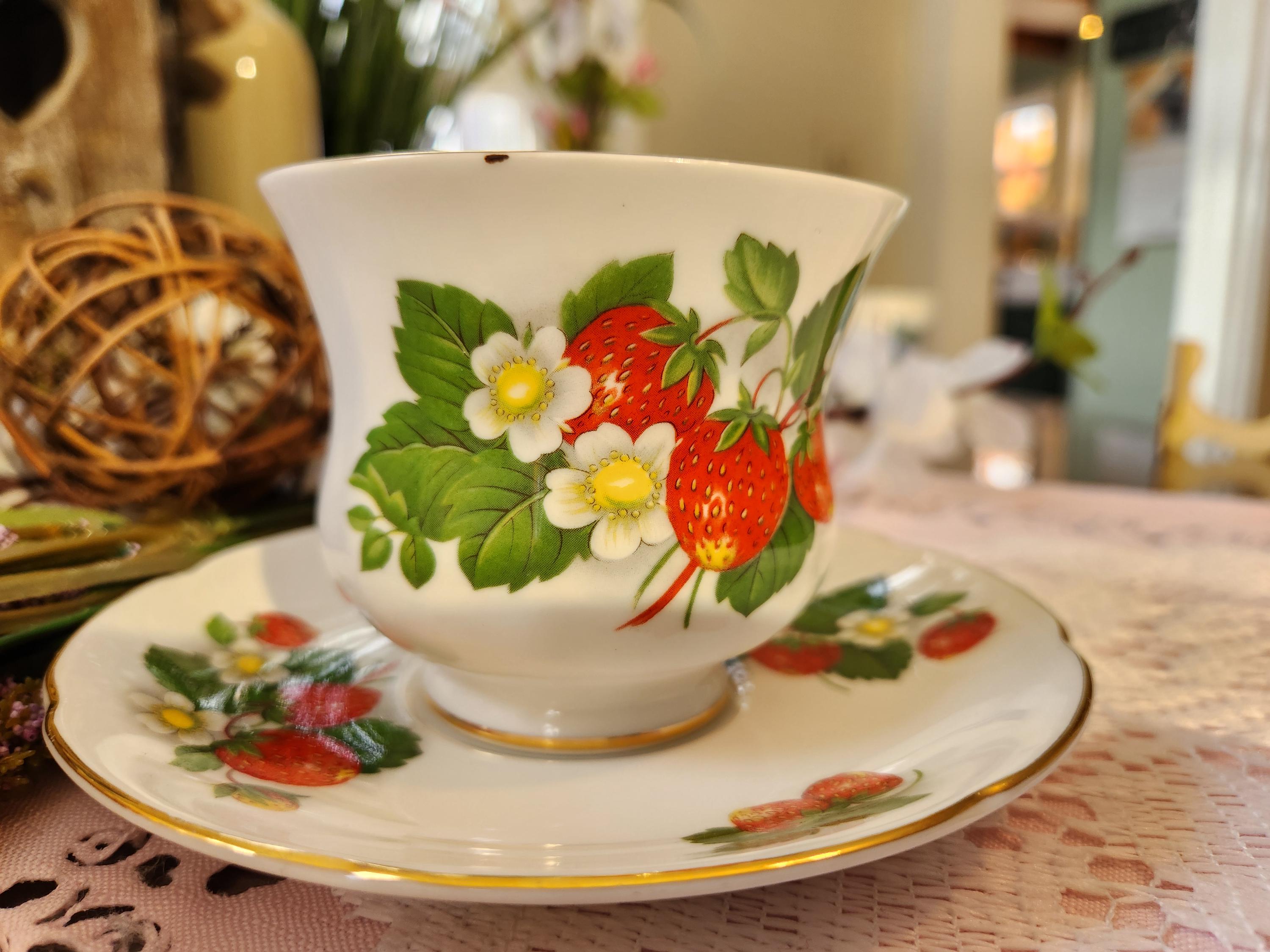 Royal Grafton Strawberry Teacup and Saucer – Fine Bone China, Made