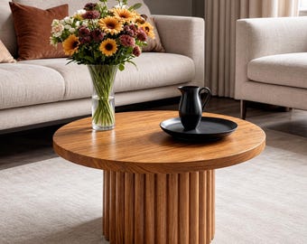 Mesa de centro redonda de madera de teca con base de pedestal estriada y muebles de madera natural.