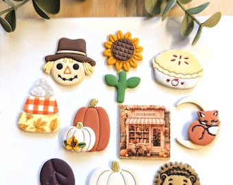 Fall Polymer Clay Cutters -- Pumpkins, Pie, Fox on the Moon, Sunflower, Scarecrow, Leaves, Candy Corn, Hedgehog -- Studs and Dangles
