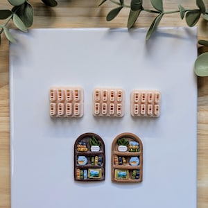 Puede incluir: Una colecci&oacute;n de imanes hechos a mano de arcilla polim&eacute;rica. Los imanes incluyen tres conjuntos de peque&ntilde;as pilas de libros rectangulares en color melocot&oacute;n claro y dos dise&ntilde;os de estanter&iacute;as en miniatura con detalles coloridos.