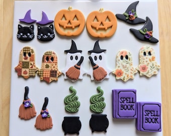 Halloween-vormpjes van polymeerklei 2026 - Heksenhoed, Spook, Pompoen, Zwarte Kat, Ketel, Bezemsteel, Toverboek