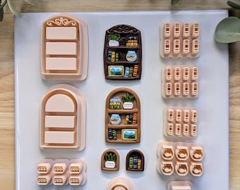 Bookshelf Polymer Clay Cutters Set: Miniature Books, Fish Bowl, Plant Pot, Tiny Picture Frame