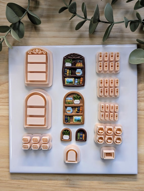 Bookshelf Polymer Clay Cutters Set: Miniature Books, Fish Bowl, Plant Pot, Tiny Picture Frame